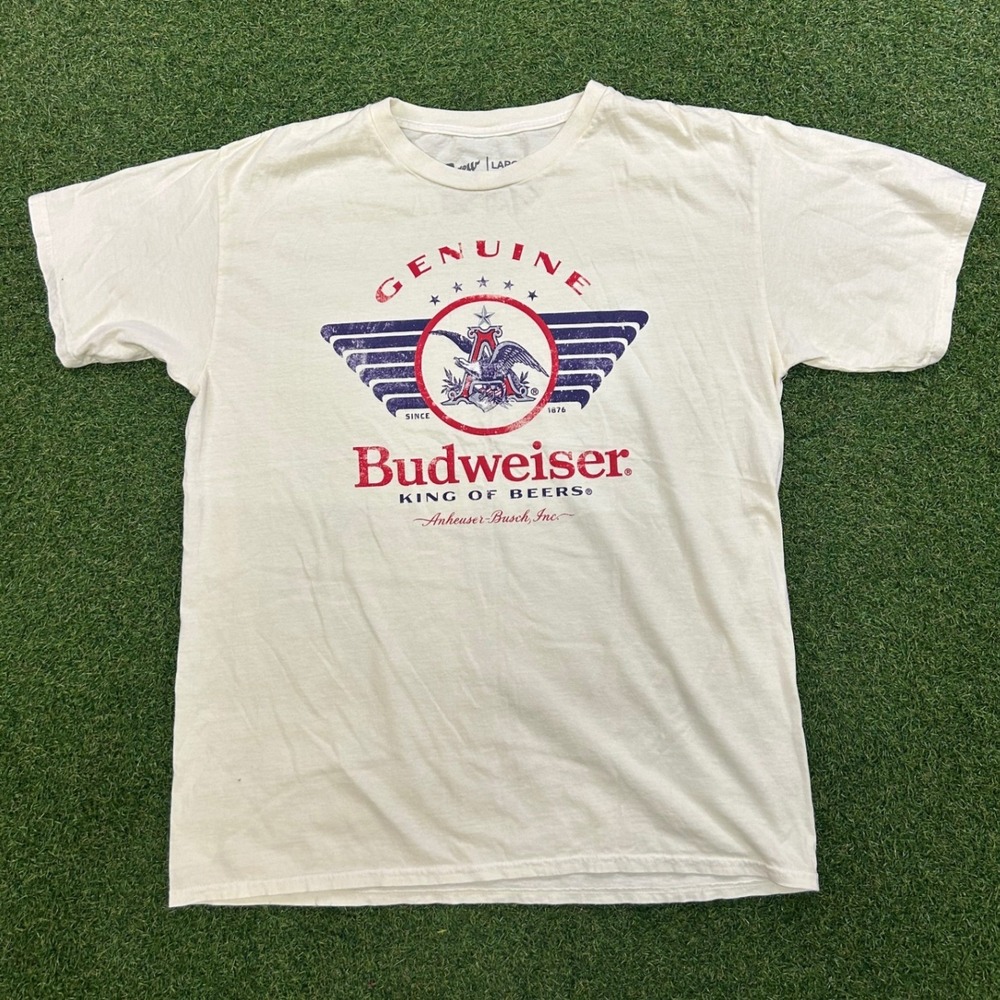 Brew City Budweiser King of Beers T-Shirt Cream Graphic Tee Men Large Distressed
